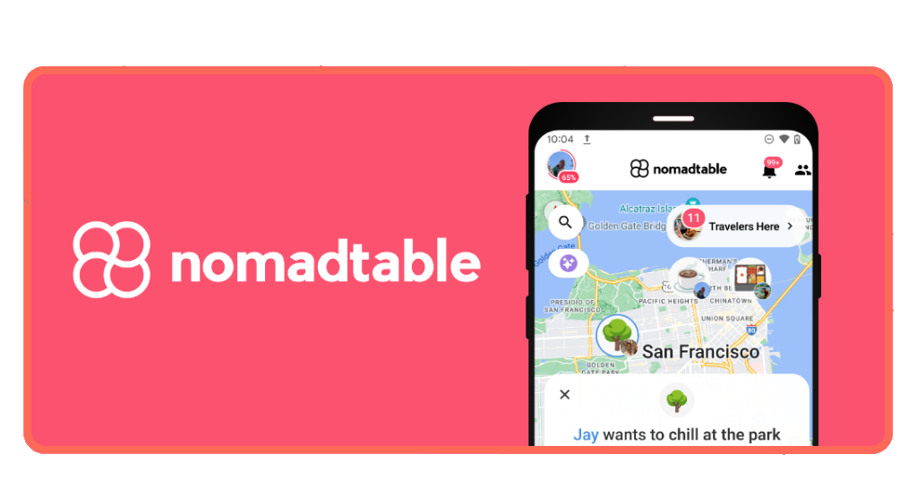 Nomadtable app interface showing nearby travelers