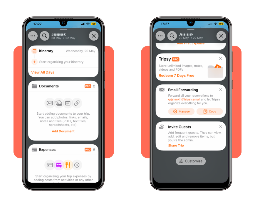 Tripsy app customization interface for adding manual activities