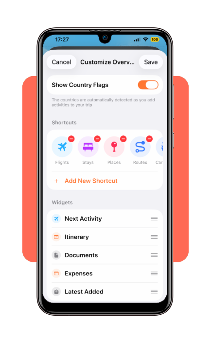 Tripsy app enrichment features showing document storage and cross-device sync