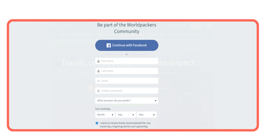 Worldpackers app profile creation screen