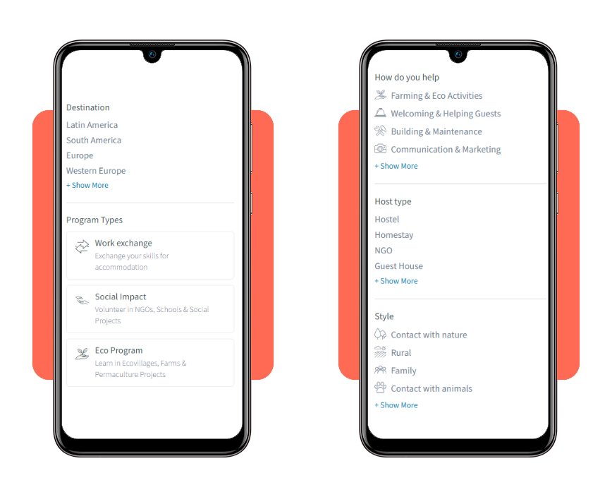 Worldpackers app search filters interface
