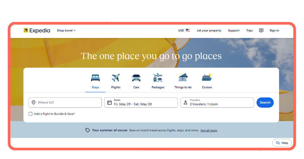 Expedia app interface showing flight search screen with destination and date input fields