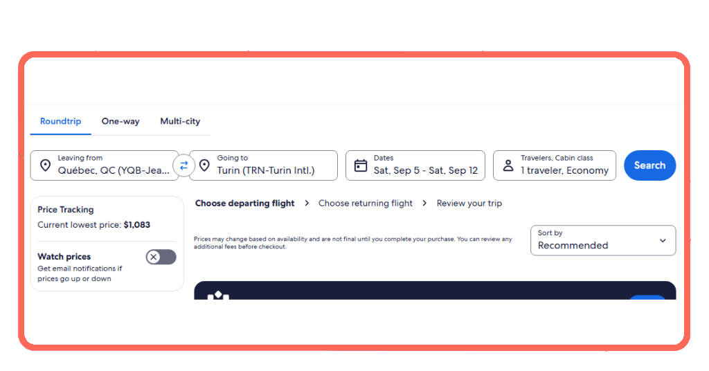 Expedia app showing the price tracking toggle button on flight search results