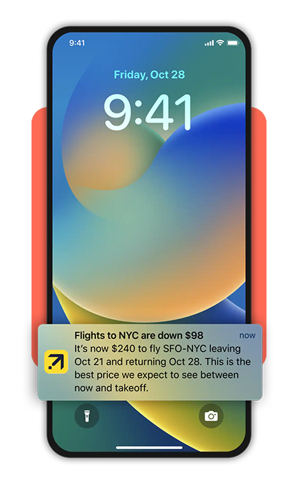 Mobile notification alert showing flight price drop notification from Expedia app