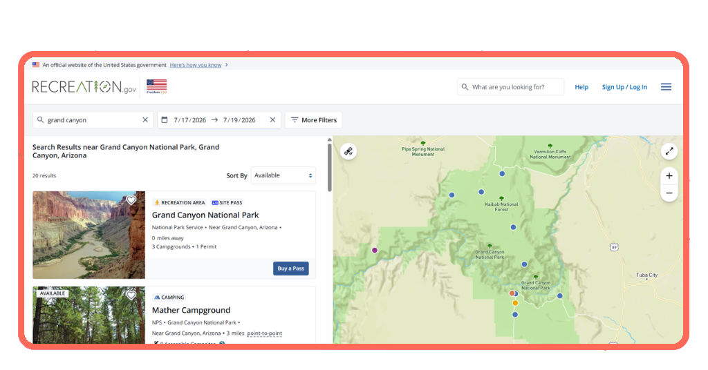 Recreation.gov search interface showing park selection and date options