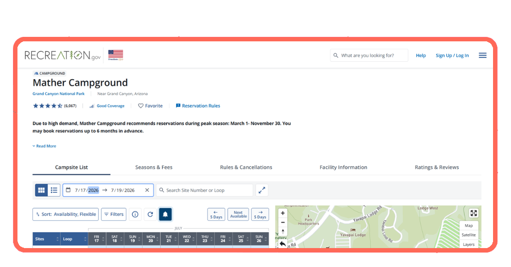 Campsite booking interface showing available sites and pricing