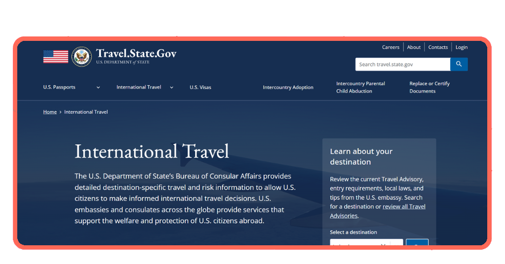 State Department International Travel portal showing destination search functionality