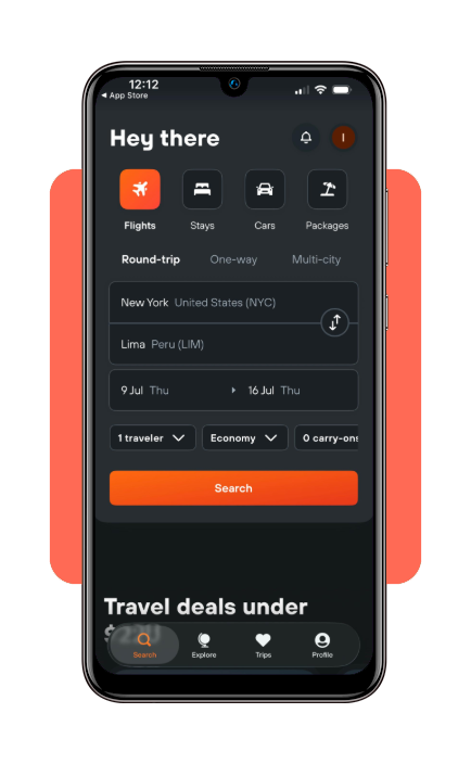 KAYAK app comparing flight options to Peru