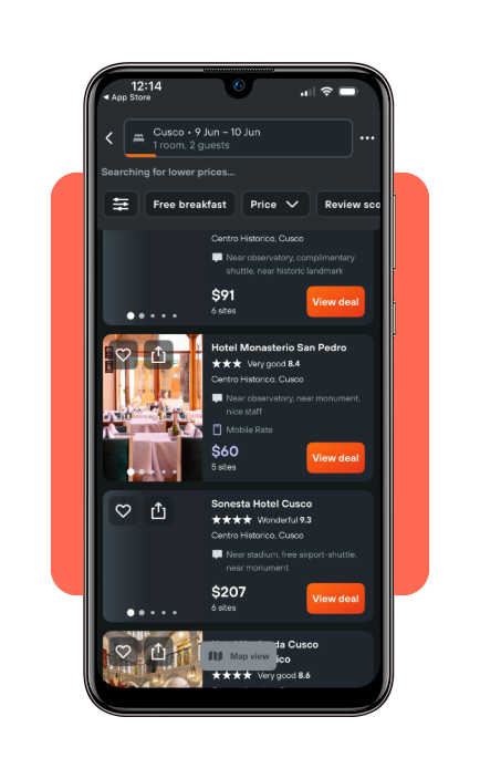 KAYAK app comparing accommodation options in Peru