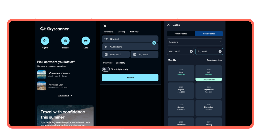 Skyscanner destination search and calendar view for Mexico flights