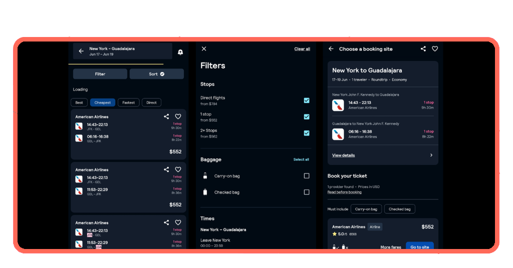 Skyscanner filter and compare flights results screen