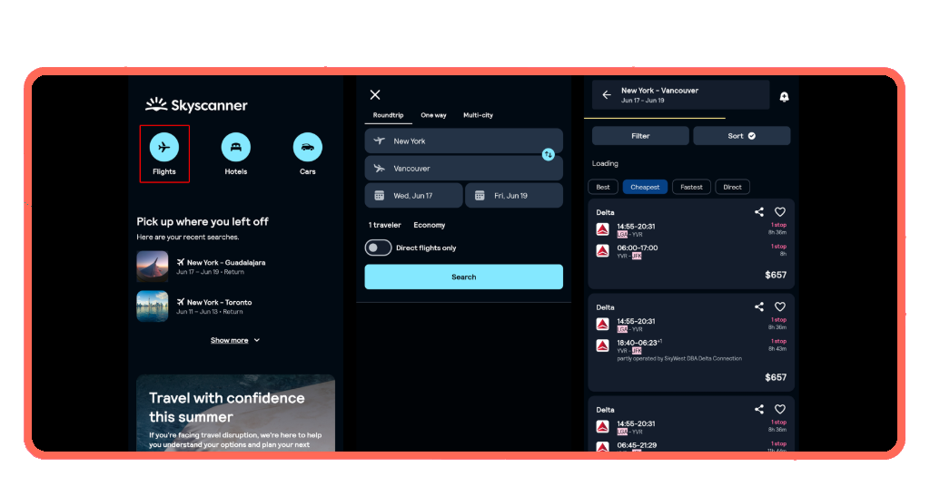 Skyscanner flight search results for Toronto and Vancouver