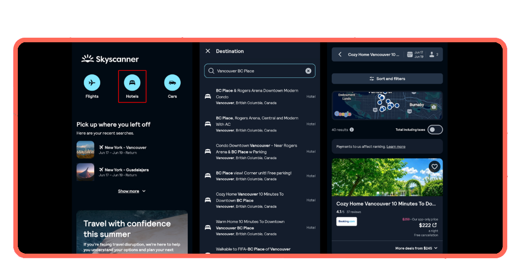 Skyscanner hotel comparison near World Cup venues in Canada