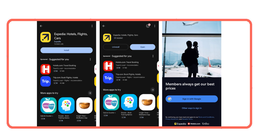 Expedia app download and account creation screen