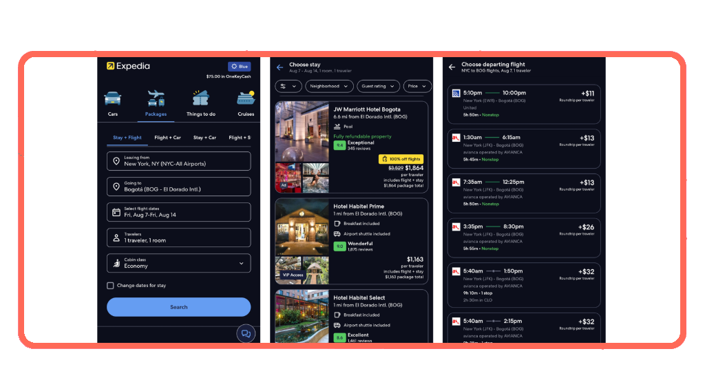 Expedia app showing flight and hotel bundle search results for Colombia