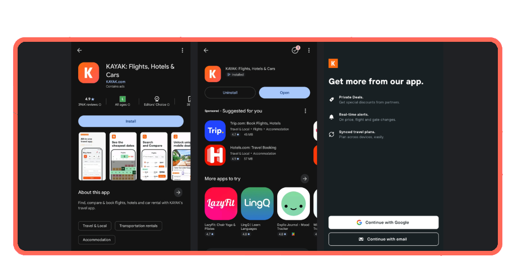 KAYAK app interface showing flight search for World Cup host cities