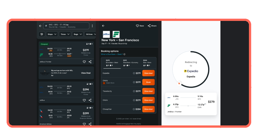 KAYAK app showing price breakdown and cancellation policy details