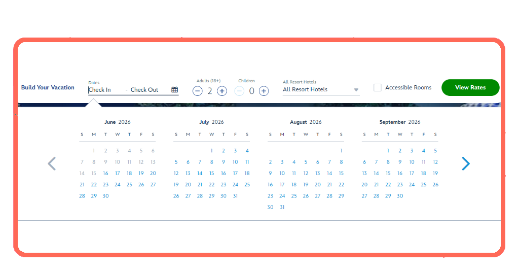 Disney World website travel dates selection screen