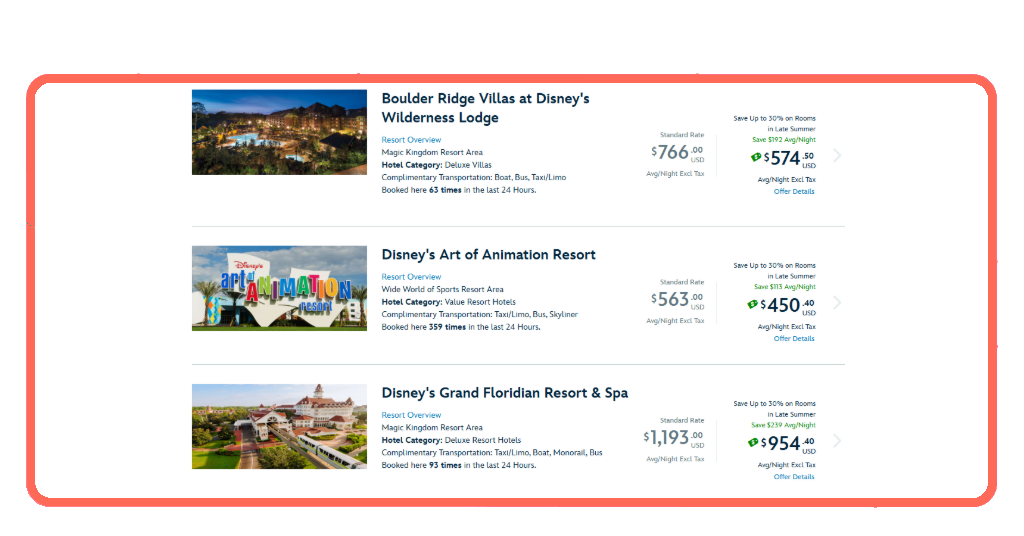 Disney World hotel options comparison on the Disney website