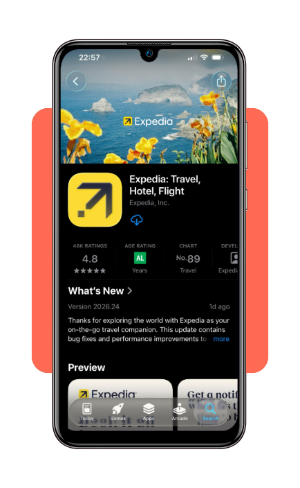 Expedia app showing destination search for honeymoon planning