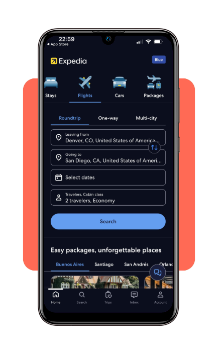 Expedia app comparing travel dates for budget honeymoon