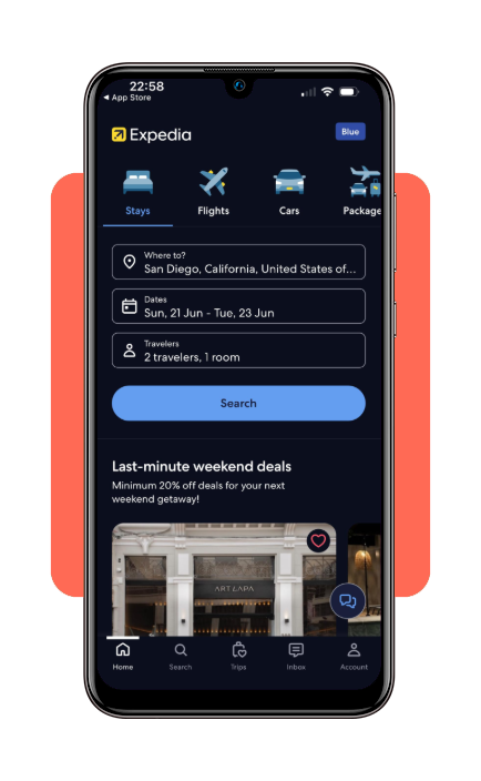 Expedia app showing hotel search options for honeymoon