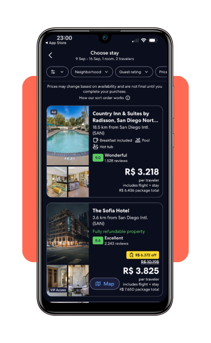 Expedia app displaying flight and hotel package deals