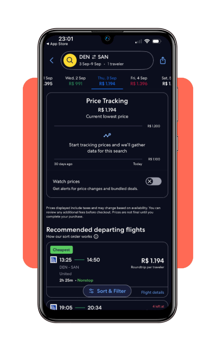 Expedia app with saved favorite honeymoon travel options