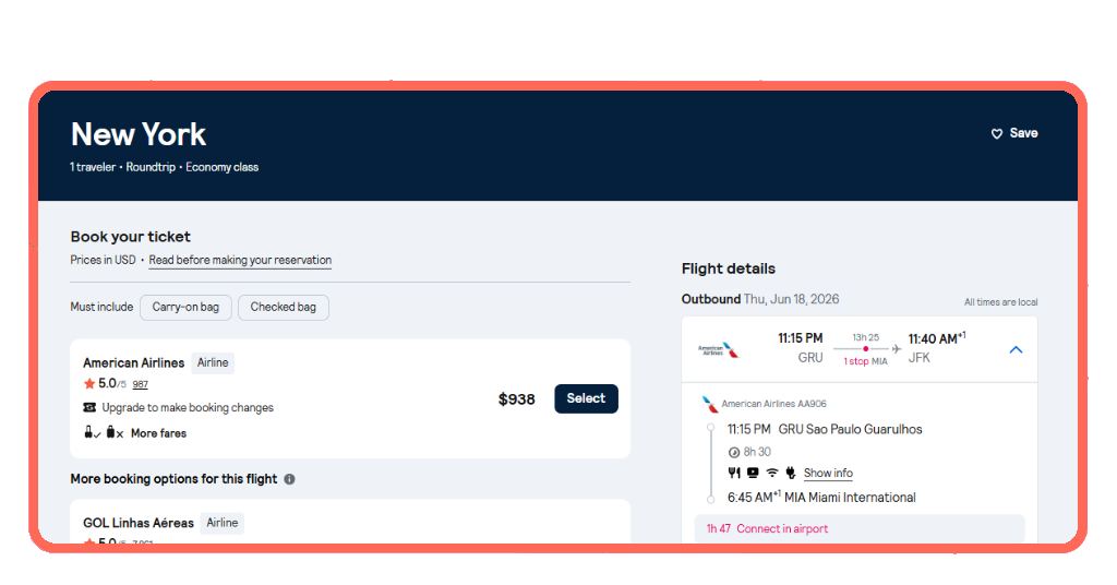 Reviewing flight travel times and layovers on Skyscanner