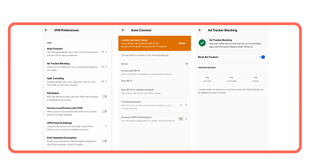 Norton VPN settings screen showing Auto Connect and Kill Switch options