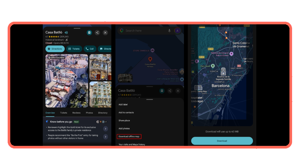 Step-by-step Google Maps offline download screen on mobile
