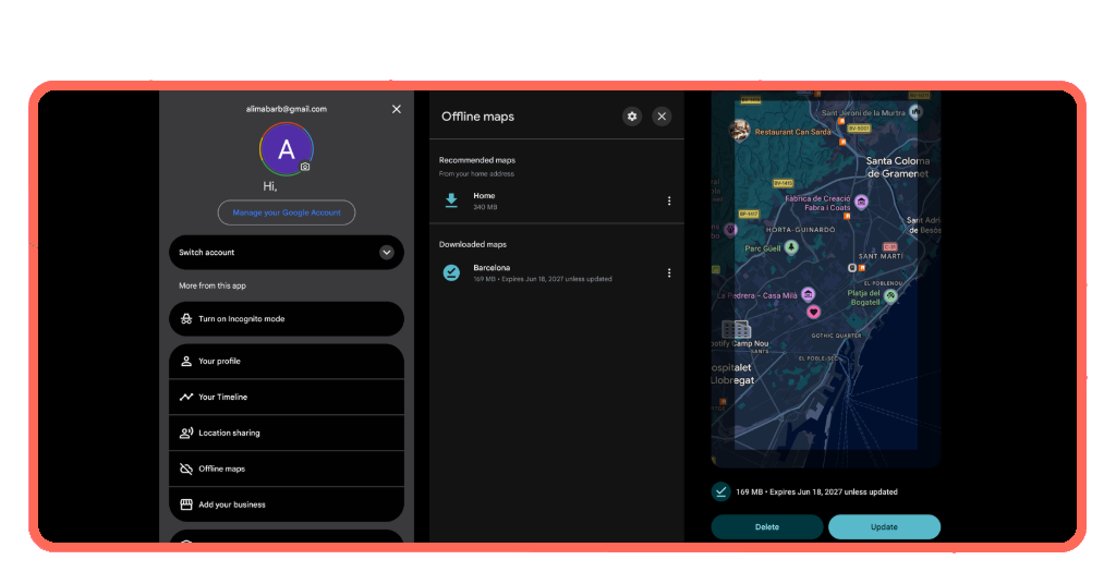 Google Maps offline saved maps section in the app profile menu